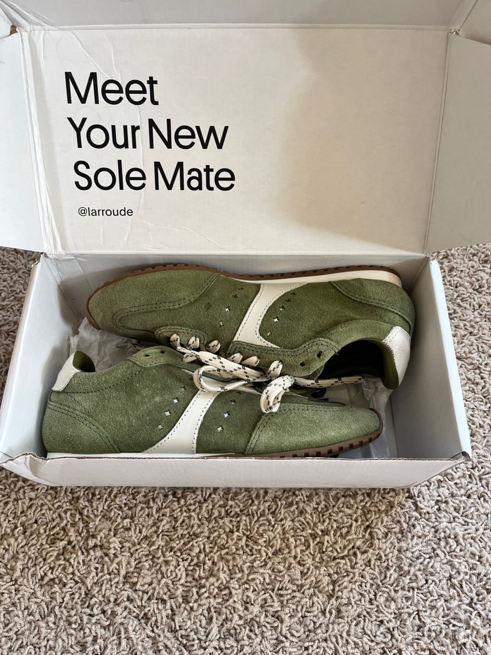 Larroude Olive Green Stella sneakers,  Suede women’s Sneakers with Cream Accents